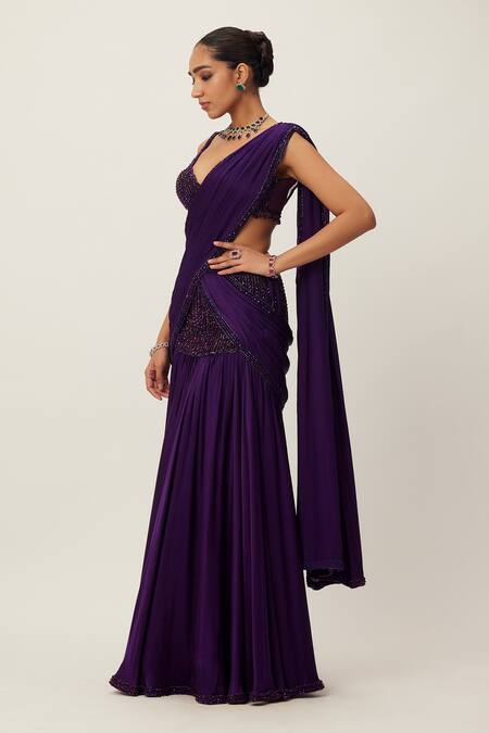 Vvani by Vani Vats Purple Saree Satin Embroidery Sequin Scallop V Cutdana Pre-draped With Blouse  4