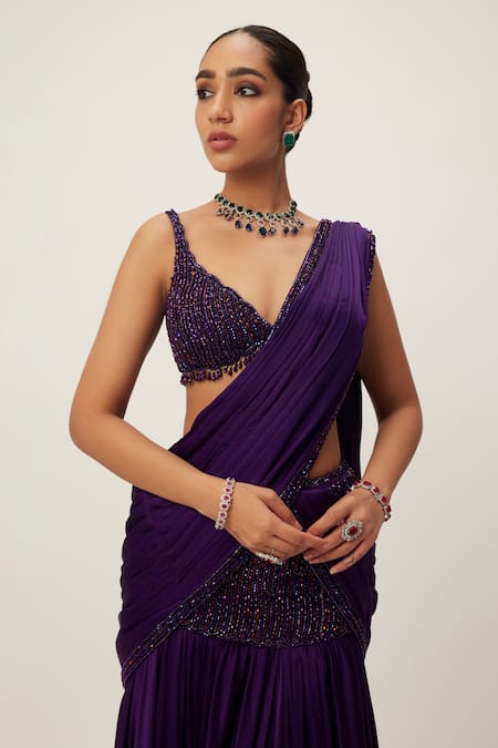 Vvani by Vani Vats Purple Saree Satin Embroidery Sequin Scallop V Cutdana Pre-draped With Blouse  5