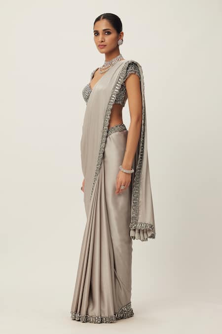 Vvani By Vani Vats_Silver Satin, Georgette Crystals, Sequins, Embroidery, Border Saree With Blouse _Online_at_Aza_Fashions