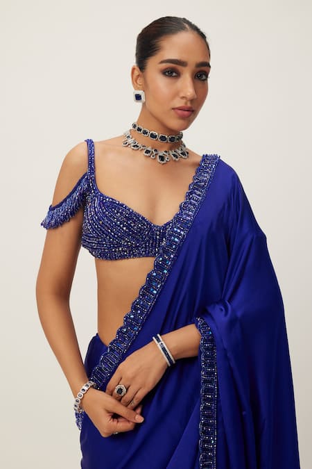 Buy Vvani By Vani Vats Blue Georgette, Satin Crystals, Sequins, Cut Work Embellished Saree With Blouse Online at Aza Fashions Buy_Vvani By Vani Vats_Blue Georgette, Satin Crystals, Sequins, Cut Work Embellished Saree With Blouse _Online_at_Aza_Fashions