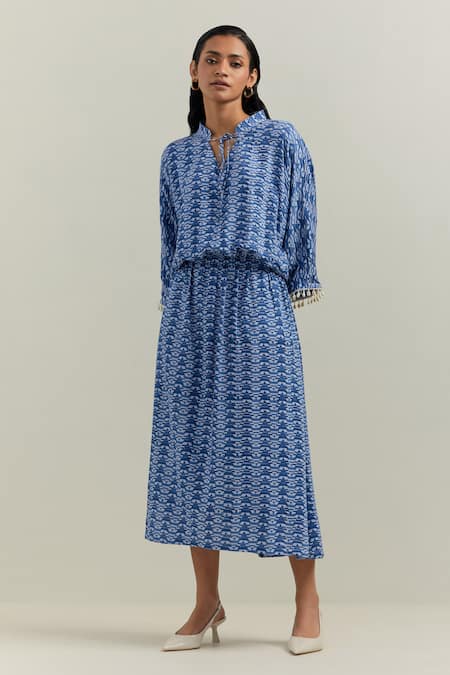 SHIKHA MALIK Blue Cotton Print Cluster Block Mandarin Collar Dress 