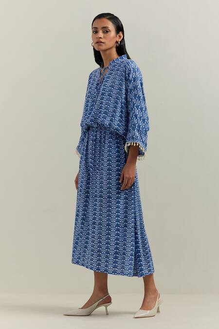 Shikha Malik_Blue Cotton, Satin Mandarin Collar Cluster Block Print Dress _Online_at_Aza_Fashions