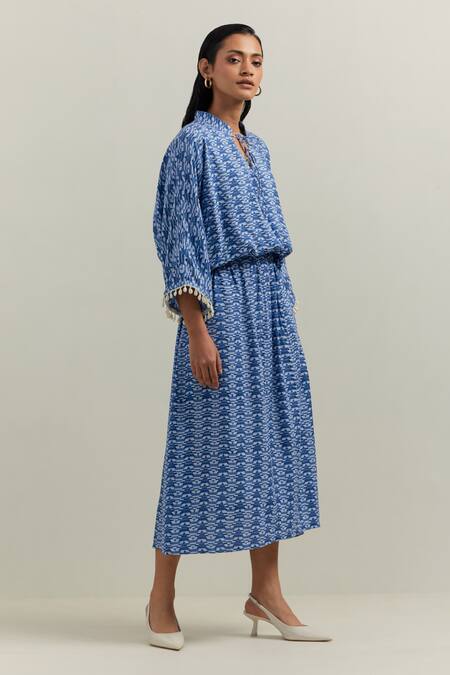 Buy_Shikha Malik_Blue Cotton, Satin Mandarin Collar Cluster Block Print Dress _Online_at_Aza_Fashions