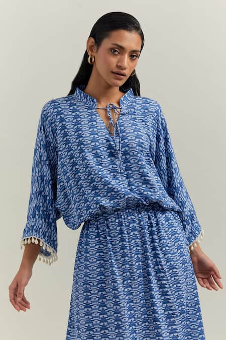 Shop_Shikha Malik_Blue Cotton, Satin Mandarin Collar Cluster Block Print Dress _Online_at_Aza_Fashions