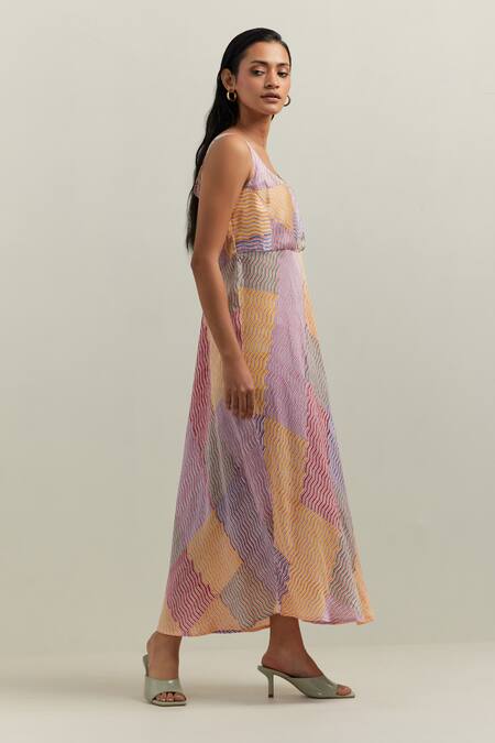 Shikha Malik_Multi Color Satin Square Neck Kalos Abstract Block Print Dress _Online_at_Aza_Fashions