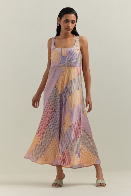 Buy_Shikha Malik_Multi Color Satin Square Neck Kalos Abstract Block Print Dress _Online_at_Aza_Fashions