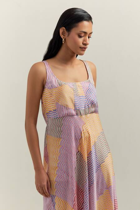 Shop_Shikha Malik_Multi Color Satin Square Neck Kalos Abstract Block Print Dress _Online_at_Aza_Fashions