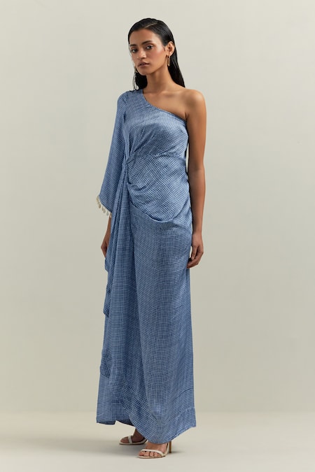 Shikha Malik_Blue Satin Asymmetric Cubes Block Print Draped Dress _Online_at_Aza_Fashions