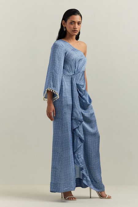 Buy_Shikha Malik_Blue Satin Asymmetric Cubes Block Print Draped Dress _Online_at_Aza_Fashions