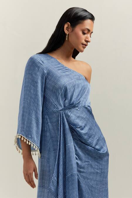 Shop_Shikha Malik_Blue Satin Asymmetric Cubes Block Print Draped Dress _Online_at_Aza_Fashions