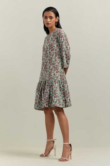 Shikha Malik Green Satin Round Neck Enchanting View Floral Print Dress Online at Aza Fashions Shikha Malik_Green Satin Round Neck Enchanting View Floral Print Dress _Online_at_Aza_Fashions