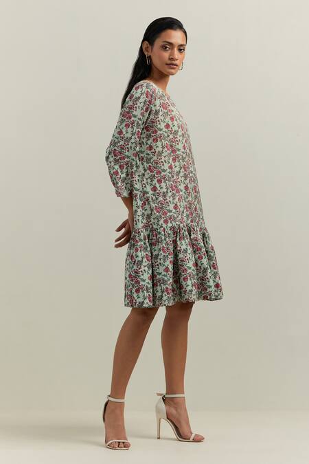 Buy Shikha Malik Green Satin Round Neck Enchanting View Floral Print Dress Online at Aza Fashions Buy_Shikha Malik_Green Satin Round Neck Enchanting View Floral Print Dress _Online_at_Aza_Fashions