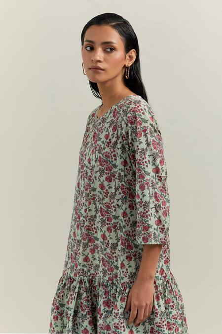 Shop Shikha Malik Green Satin Round Neck Enchanting View Floral Print Dress Online at Aza Fashions Shop_Shikha Malik_Green Satin Round Neck Enchanting View Floral Print Dress _Online_at_Aza_Fashions