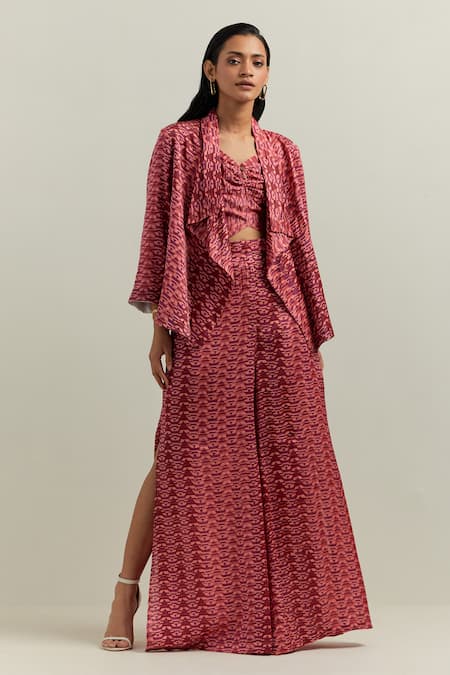 Shikha Malik_Peach Satin Sweetheart Neck Medley Block Print Bralette With Trouser _Online_at_Aza_Fashions