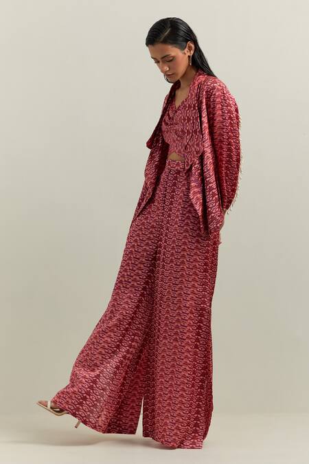 Shop_Shikha Malik_Peach Satin Sweetheart Neck Medley Block Print Bralette With Trouser _Online_at_Aza_Fashions