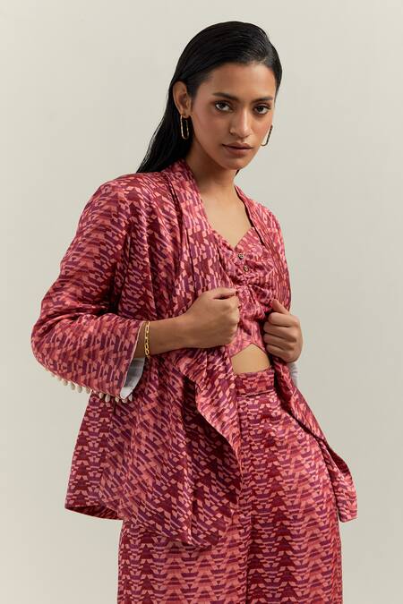 Shikha Malik_Peach Satin Sweetheart Neck Medley Block Print Bralette With Trouser _at_Aza_Fashions