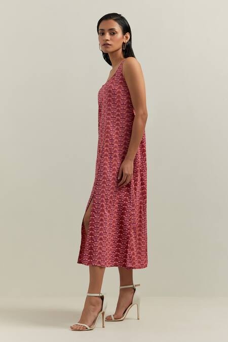 Shikha Malik_Peach Satin, Polyester Square Neck Medley Geometric Print Dress _Online_at_Aza_Fashions