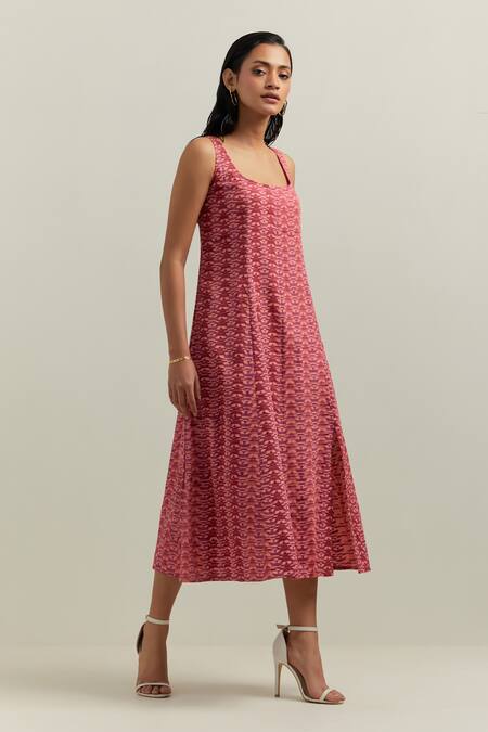 Buy_Shikha Malik_Peach Satin, Polyester Square Neck Medley Geometric Print Dress _Online_at_Aza_Fashions