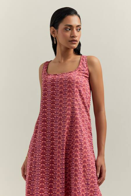 Shop_Shikha Malik_Peach Satin, Polyester Square Neck Medley Geometric Print Dress _Online_at_Aza_Fashions