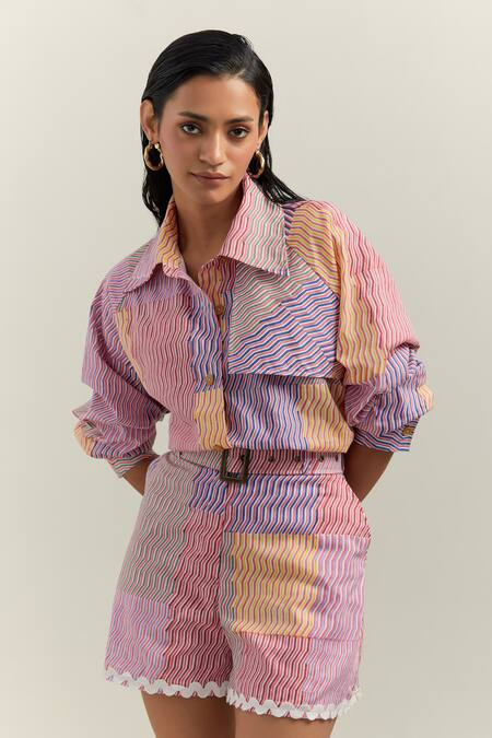 Shop_Shikha Malik_Multi Color Cotton, Twill Collared Kalos Asymmetric Block Print Shirt _Online_at_Aza_Fashions