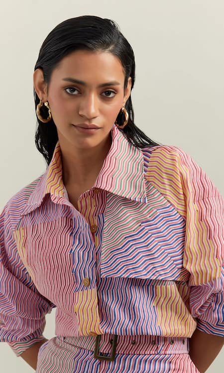 Shop_Shikha Malik_Multi Color Cotton Kalos Asymmetric Block Print Shorts _Online_at_Aza_Fashions