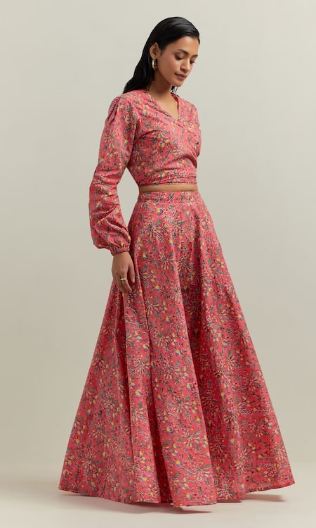 Shikha Malik Peach Cotton Embroidery V-neck Floral Print Wrapped Top With Skirt Online at Aza Fashions Shikha Malik_Peach Cotton Embroidery V-neck Floral Print Wrapped Top With Skirt _Online_at_Aza_Fashions