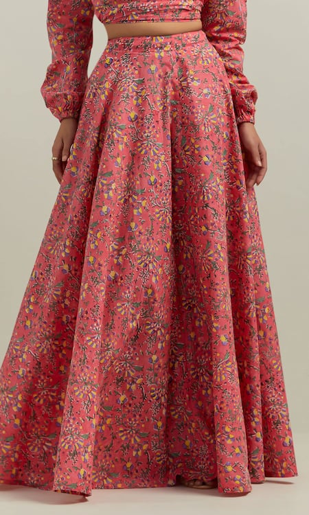 Shop Shikha Malik Peach Cotton Embroidery V-neck Floral Print Wrapped Top With Skirt Online at Aza Fashions Shop_Shikha Malik_Peach Cotton Embroidery V-neck Floral Print Wrapped Top With Skirt _Online_at_Aza_Fashions