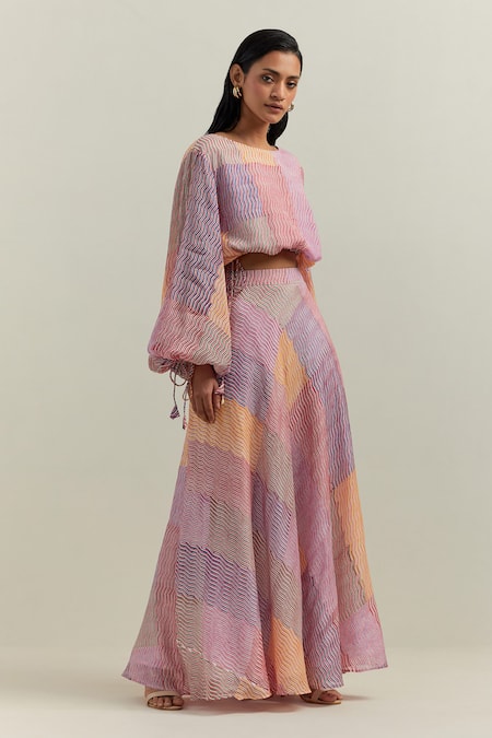 Shop_Shikha Malik_Multi Color Cotton Patchwork Round Neck Kalos Abstract Print Top With Skirt _Online_at_Aza_Fashions
