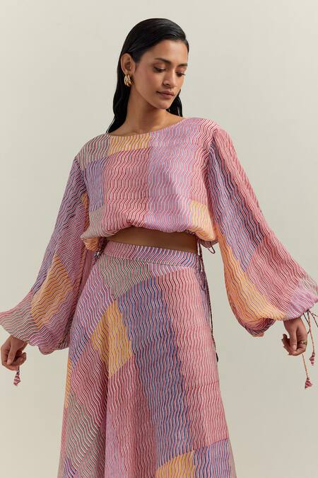 Shikha Malik_Multi Color Cotton Patchwork Round Neck Kalos Abstract Print Top With Skirt _at_Aza_Fashions