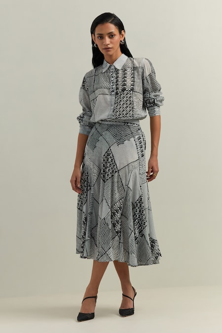 Shikha Malik Black Crepe Collared Montage Print Shirt Online at Aza Fashions Shikha Malik_Black Crepe Collared Montage Print Shirt _Online_at_Aza_Fashions