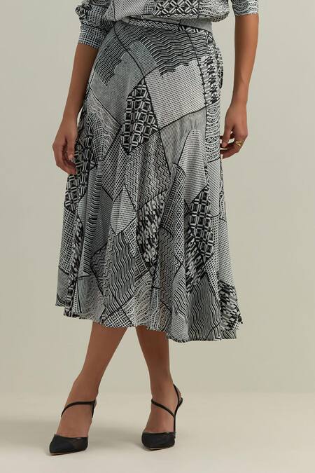 Shop Shikha Malik Black Crepe, Satin Montage Print Skirt Online at Aza Fashions Shop_Shikha Malik_Black Crepe, Satin Montage Print Skirt _Online_at_Aza_Fashions