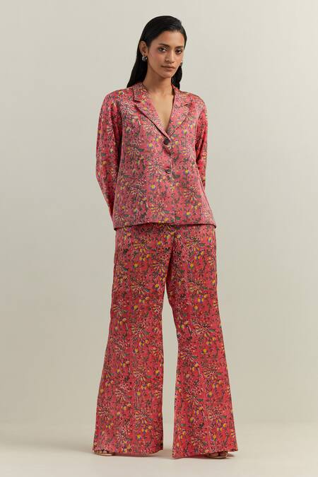 Shikha Malik_Peach Satin Embroidery Floral Block Print Blazer _Online_at_Aza_Fashions
