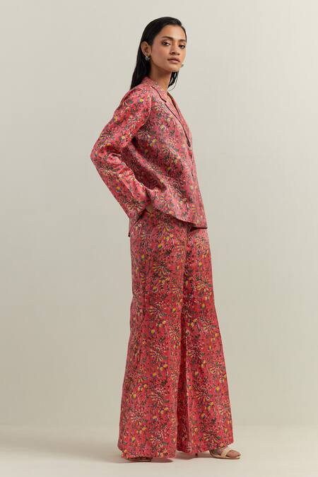 Shop_Shikha Malik_Peach Satin Embroidery Floral Block Print Blazer _Online_at_Aza_Fashions