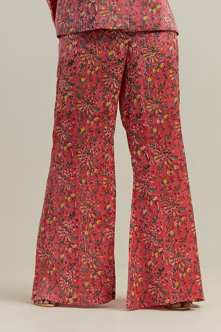 Shikha Malik_Peach Satin Floral Block Print Flared Trouser _Online_at_Aza_Fashions