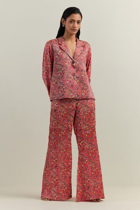 Buy_Shikha Malik_Peach Satin Floral Block Print Flared Trouser _Online_at_Aza_Fashions