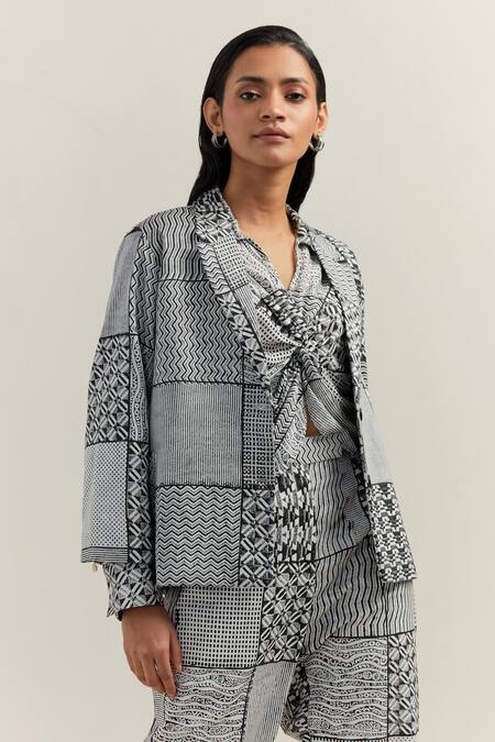 Shikha Malik_Black Crepe Collared Surface Montage Print Shirt _Online_at_Aza_Fashions