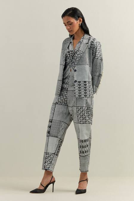 Buy_Shikha Malik_Black Crepe Collared Surface Montage Print Shirt _Online_at_Aza_Fashions