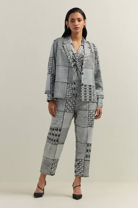 Shop_Shikha Malik_Black Crepe Collared Surface Montage Print Shirt _Online_at_Aza_Fashions