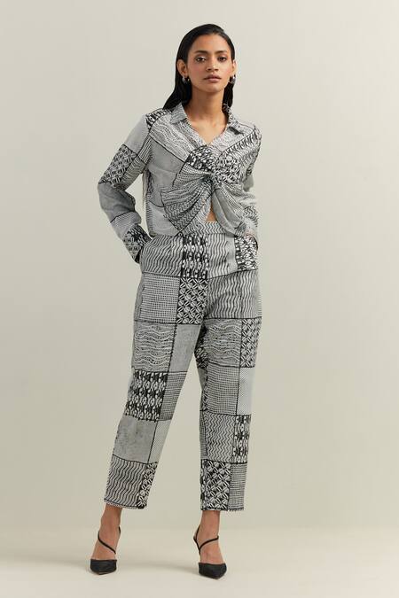 Shikha Malik_Black Cotton, Twill Surface Montage Print Trouser _Online_at_Aza_Fashions