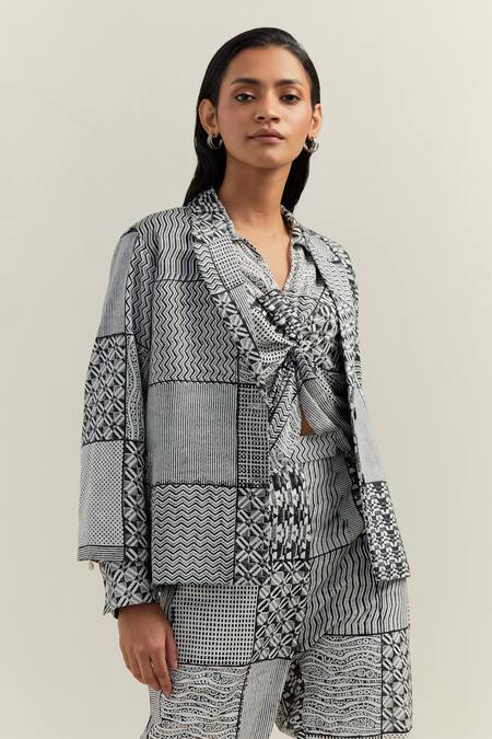 Buy_Shikha Malik_Black Cotton, Twill Surface Montage Print Trouser _Online_at_Aza_Fashions