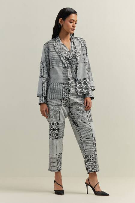 Shop_Shikha Malik_Black Cotton, Twill Surface Montage Print Trouser _Online_at_Aza_Fashions