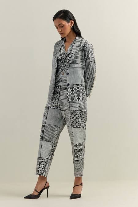 Shikha Malik_Black Cotton, Twill Surface Montage Print Trouser _at_Aza_Fashions