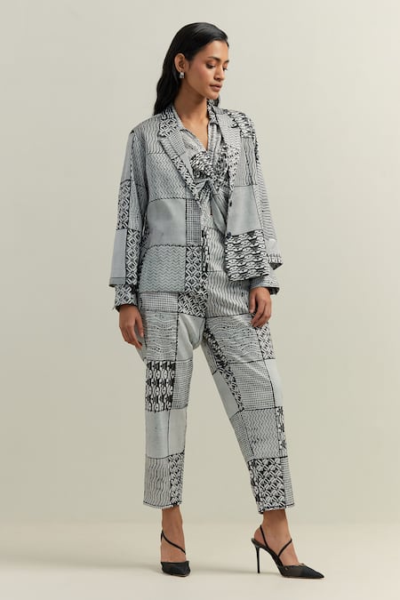 Buy_Shikha Malik_Black Cotton, Twill Surface Montage Print Blazer _Online_at_Aza_Fashions