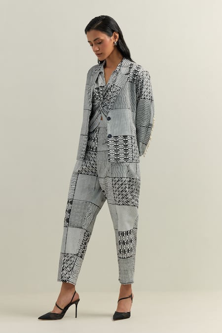 Shop_Shikha Malik_Black Cotton, Twill Surface Montage Print Blazer _Online_at_Aza_Fashions