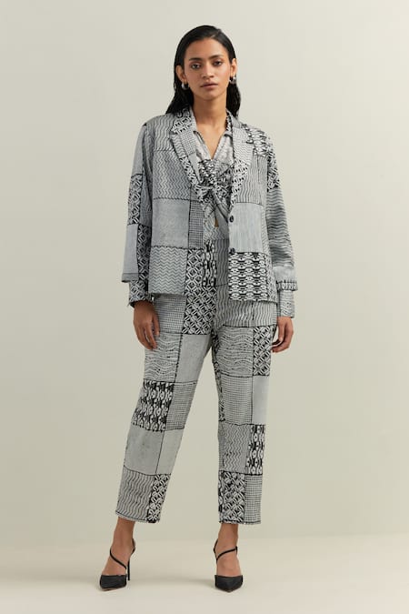Shikha Malik_Black Cotton, Twill Surface Montage Print Blazer _at_Aza_Fashions