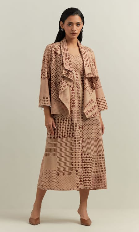 Shikha Malik_Beige Cotton, Twill Open Neck Olio Montage Print Jacket _Online_at_Aza_Fashions