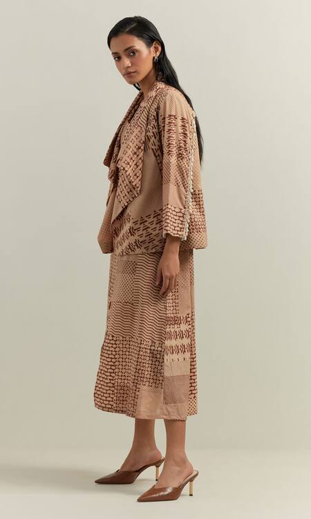 Buy_Shikha Malik_Beige Cotton, Twill Open Neck Olio Montage Print Jacket _Online_at_Aza_Fashions