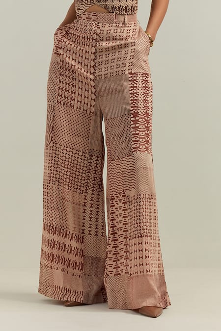 Shikha Malik_Beige Satin Sweetheart Neck Olio Montage Print Bralette With Trouser _Online_at_Aza_Fashions