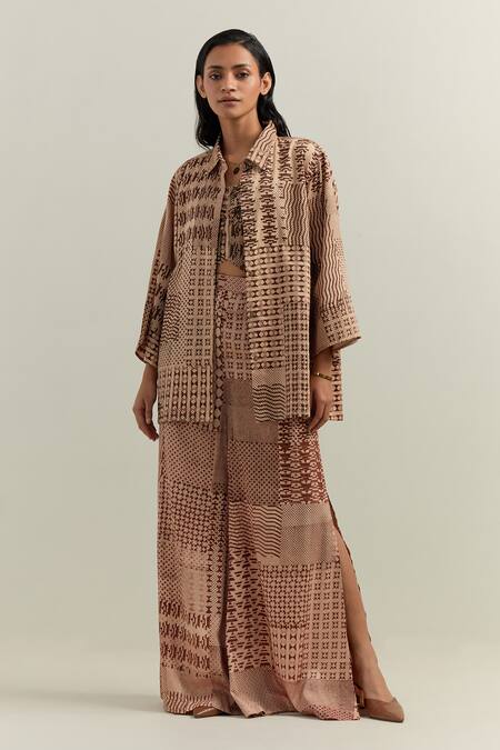 Buy_Shikha Malik_Beige Satin Sweetheart Neck Olio Montage Print Bralette With Trouser _Online_at_Aza_Fashions