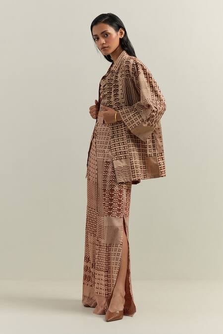 Shop_Shikha Malik_Beige Satin Sweetheart Neck Olio Montage Print Bralette With Trouser _Online_at_Aza_Fashions